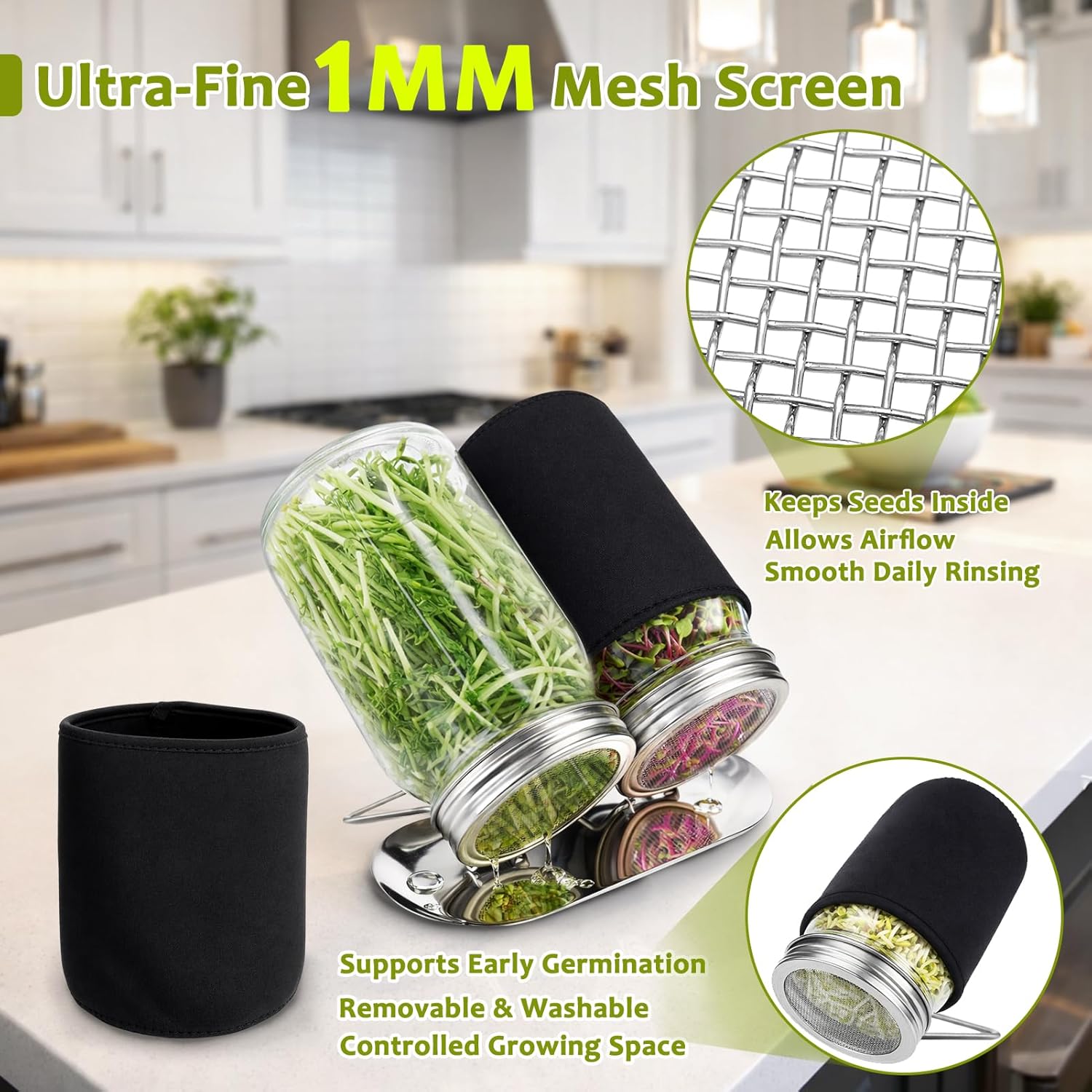 Sprouting Kit with Glass Sprouting Jars & Stainless Steel Sprouting Lids, Complete Seed Sprouting Kit with Angled Drain Stand, Blackout Sleeves & Tray, Sprout Growing Kit for Broccoli Sprouts