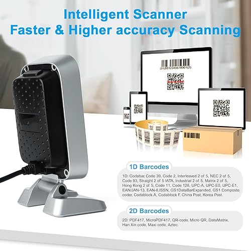 Miniatura 4 de OBZ Escáner de código de barras QR 2D 1D de mano de escritorio USB con cable CMOS, escaneo continuo manos libres para sistemas POS, venta al por