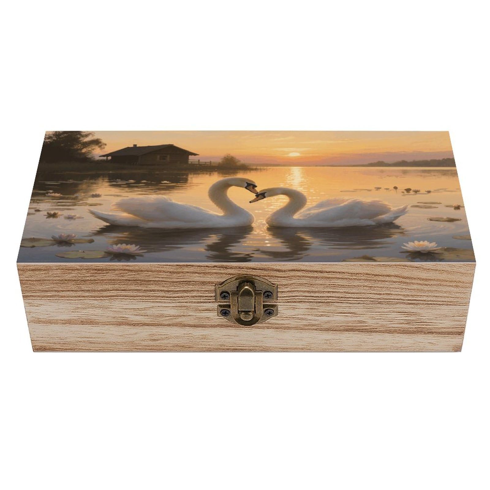 VstaDank Sunset Couple Swans Lake Wooden Storage Box Vintage Wood Box with Lid Large Wooden Jewelry Boxes DIY Wood Gift Boxes Exquisite Jewelry Case Art Stash Keepsake Storage Case
