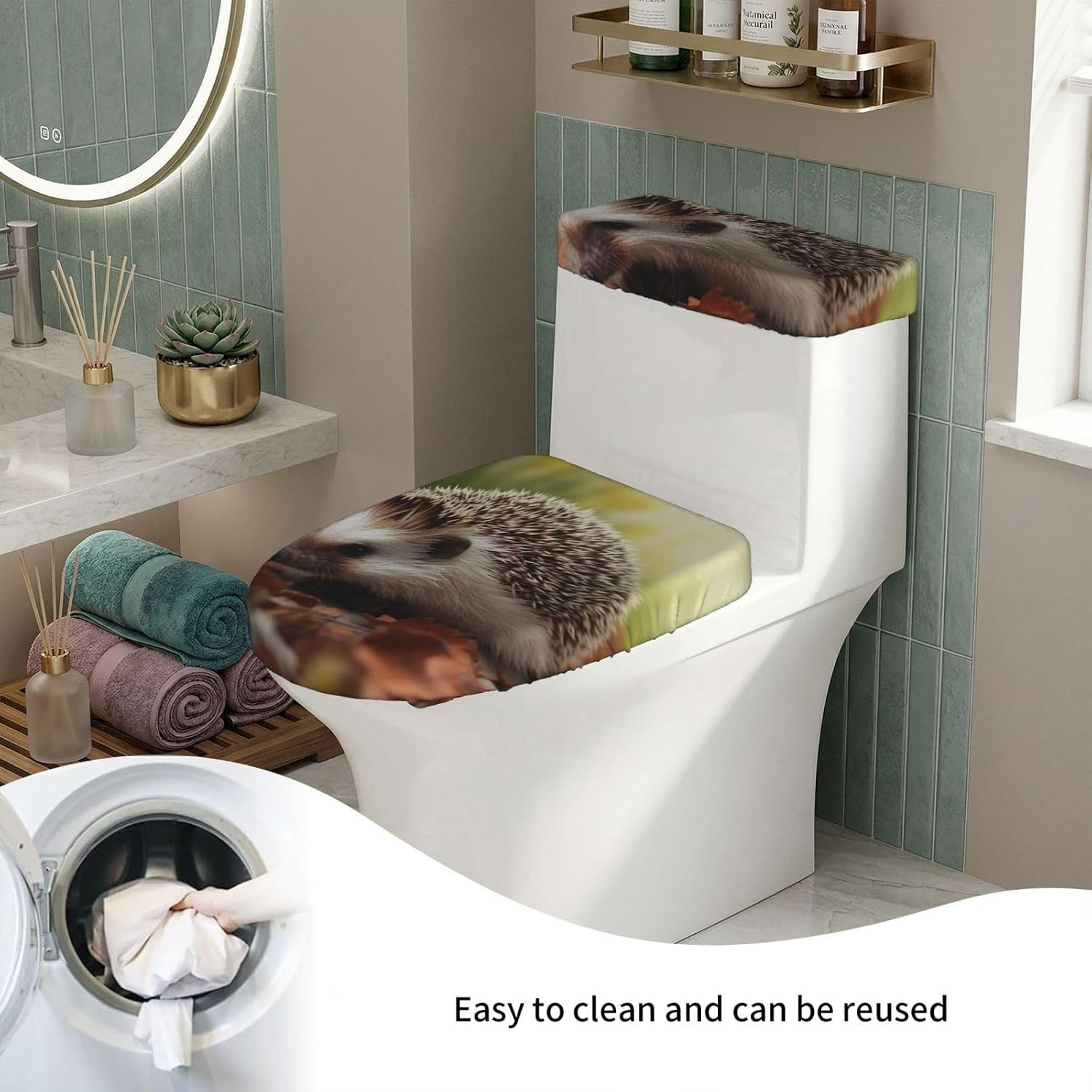 Hedgehog Toilet Tank Cover And Toilet Lid Cover Set Stretch Bathroom Toilet Lid Seat Cover