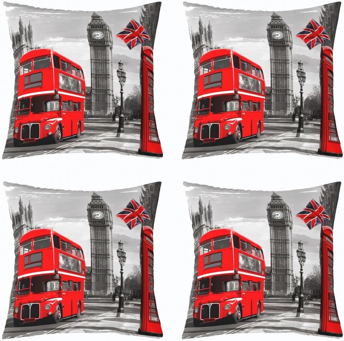 jejeloiu London Big Ben Pillow Cases Cushion Covers Retro Telephone Booth Throw Pillow Covers 16"x16" Set of 4 Soft Sightseeing Bus Modern City Throw Pillowcases for London Themed Cushion Cases