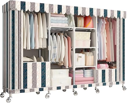 Portable Closet Organizers with Wheels Wardrobe with Shelves and Hanging Rod Non-Woven Fabric Cover Clothing Rack Rolling Closet Rack for Cloakroom BedroomStreak,200X45X170CM