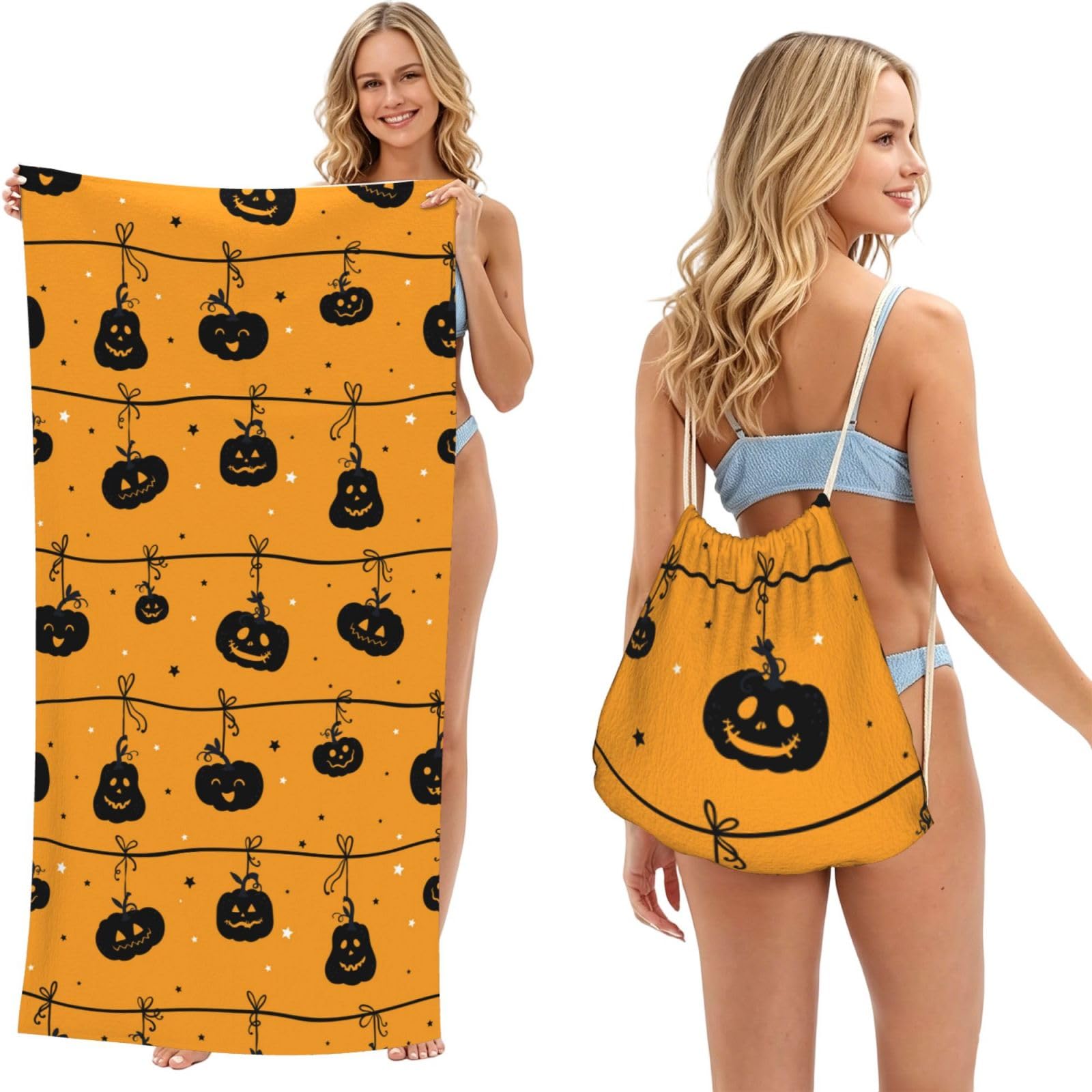 Poadnly As Picture Halloween Pumpkin Orange, 2 In 1 Packable Towel Bag, Beach Towels With Drawstring Backpack For Travel Holiday Camping