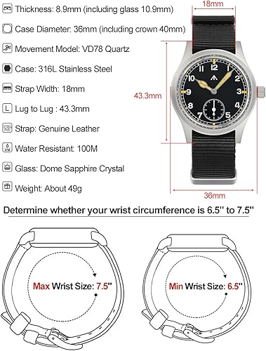 Miniatura 9 de Militado D12 Relojes militares para hombre, VD78, movimiento de cuarzo, C3, reloj de pulsera de estilo militar de aviación con cristal de zafiro