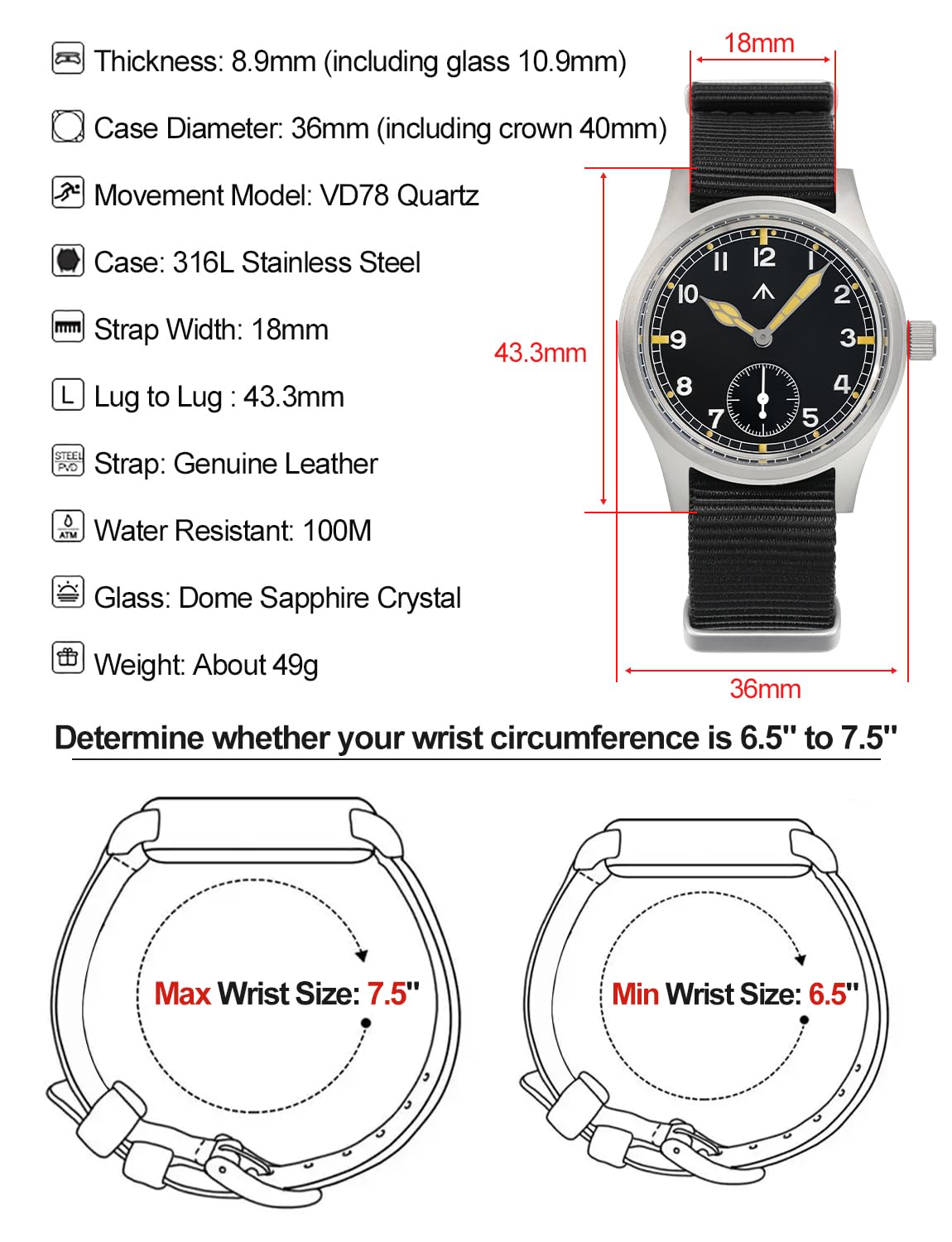 Tactical Frog Militado D12 VD78 - Orologio militare al quarzo da uomo, vetro zaffiro C3, super luminoso, quadrante da 36 mm, impermeabile fino a 100 m
