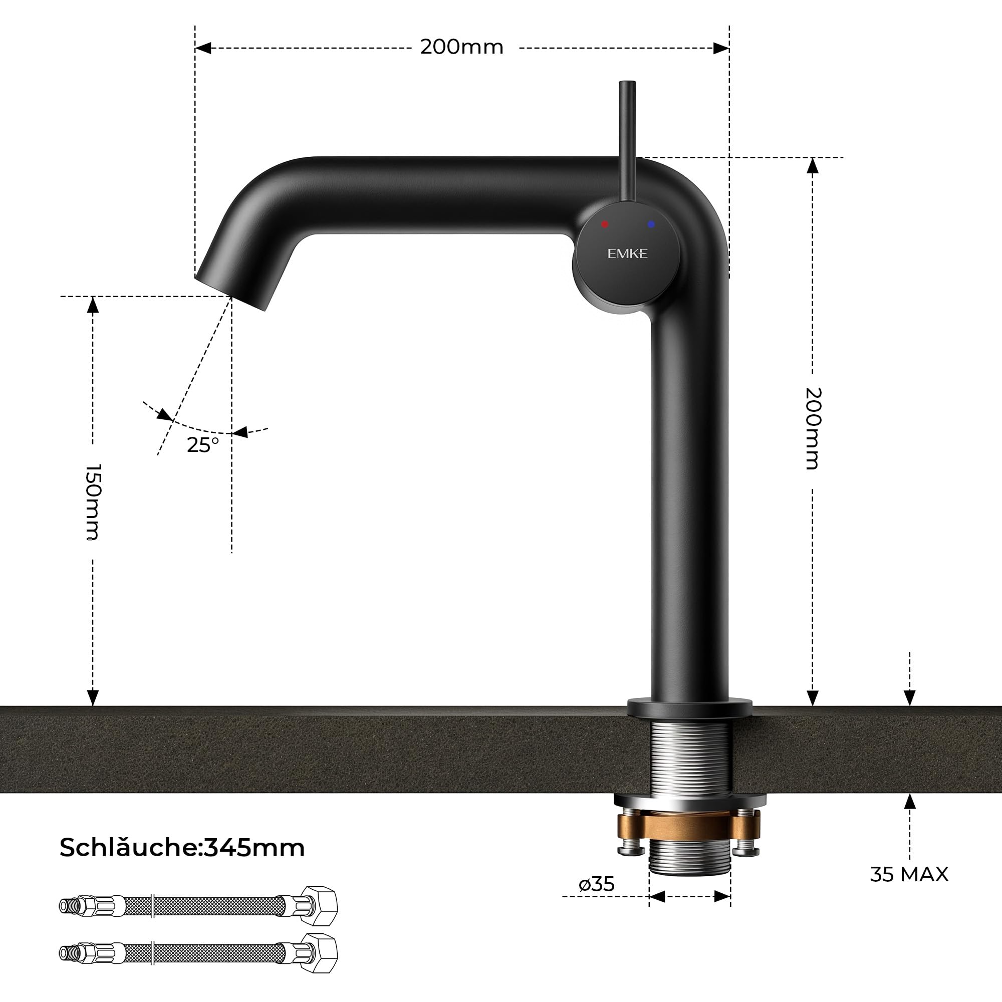 EMKE Grifo de baño negro mate, 222 x 200 x 76 mm, latón, cartucho de cerámica, grifo de baño, grifo con aireador, grifo de lavabo, grifo mezclador de lavabo de fácil instalación