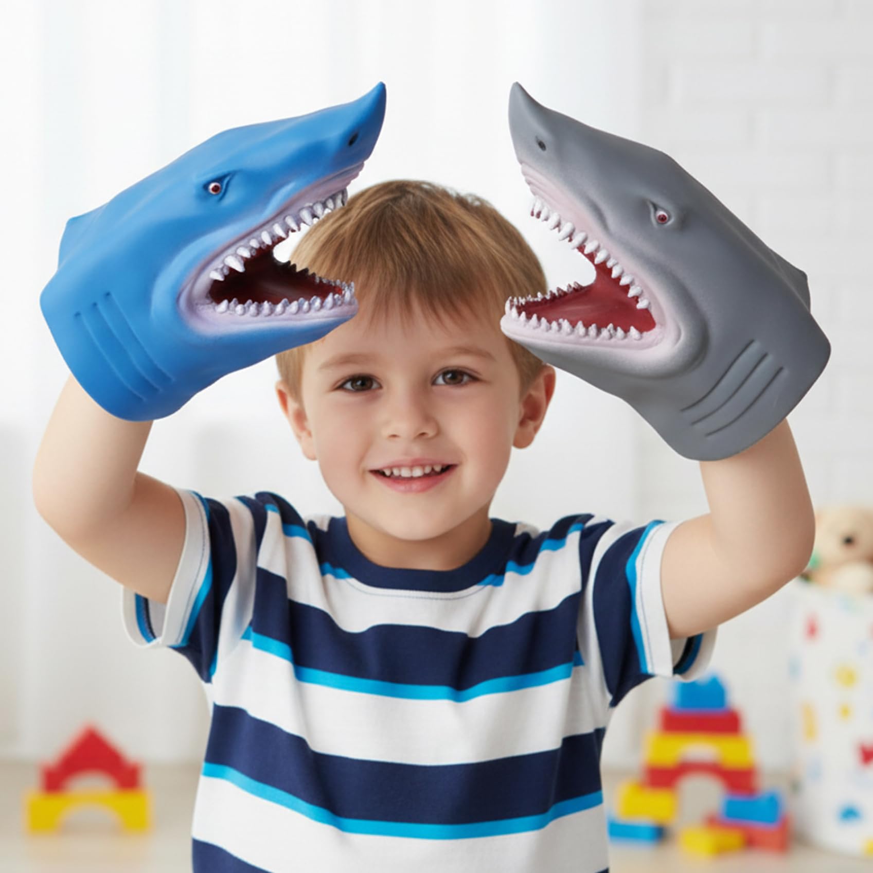 Marionetta a mano con squalo, confezione da 2 burattini realistici a forma di squalo in gomma morbida per giochi di ruolo per bambini, giocattoli interattivi con burattini mano per narrazione di st