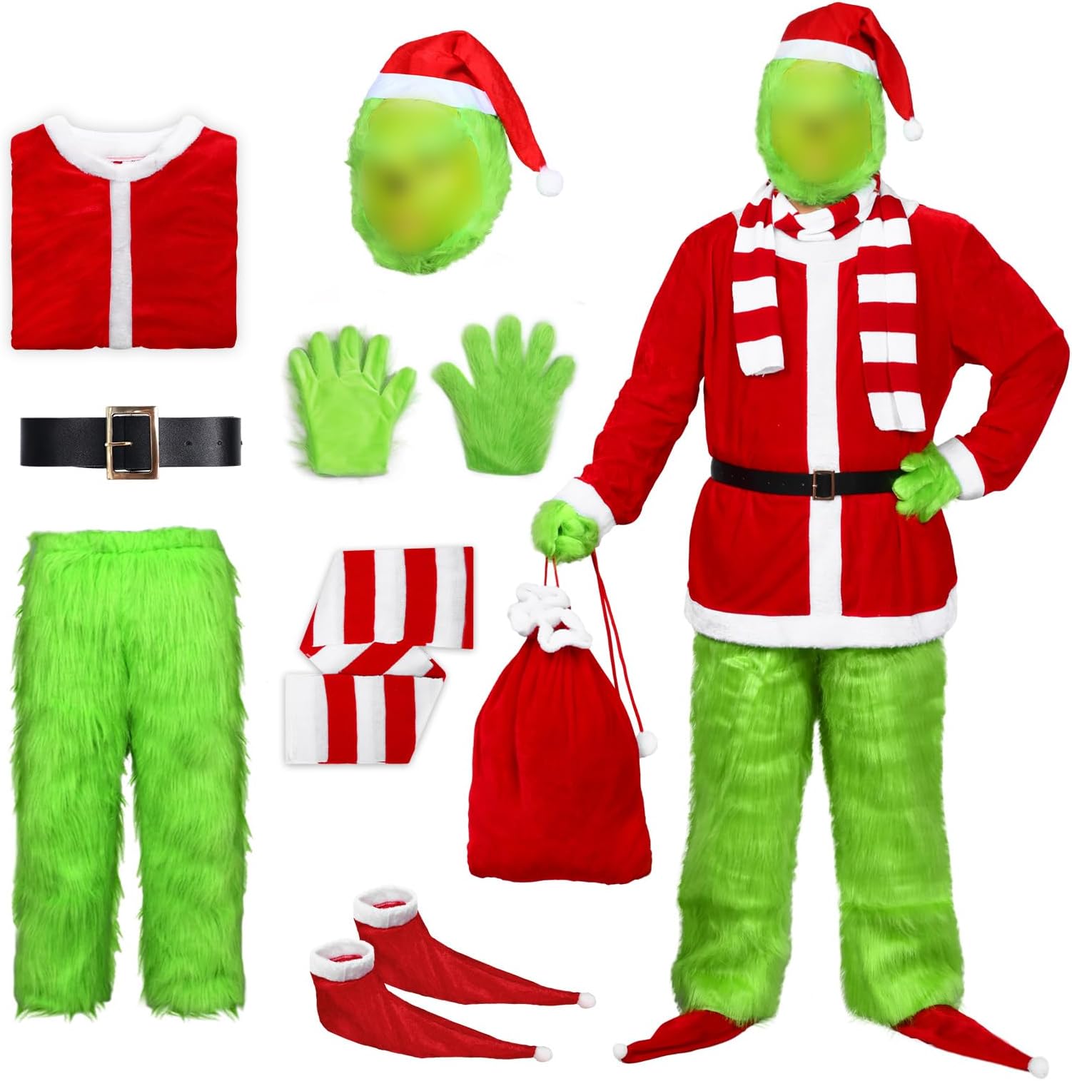 Men's Christmas Green Big Monster Costume - 7PCS Deluxe Furry Santa Claus Costume Suit with Mask