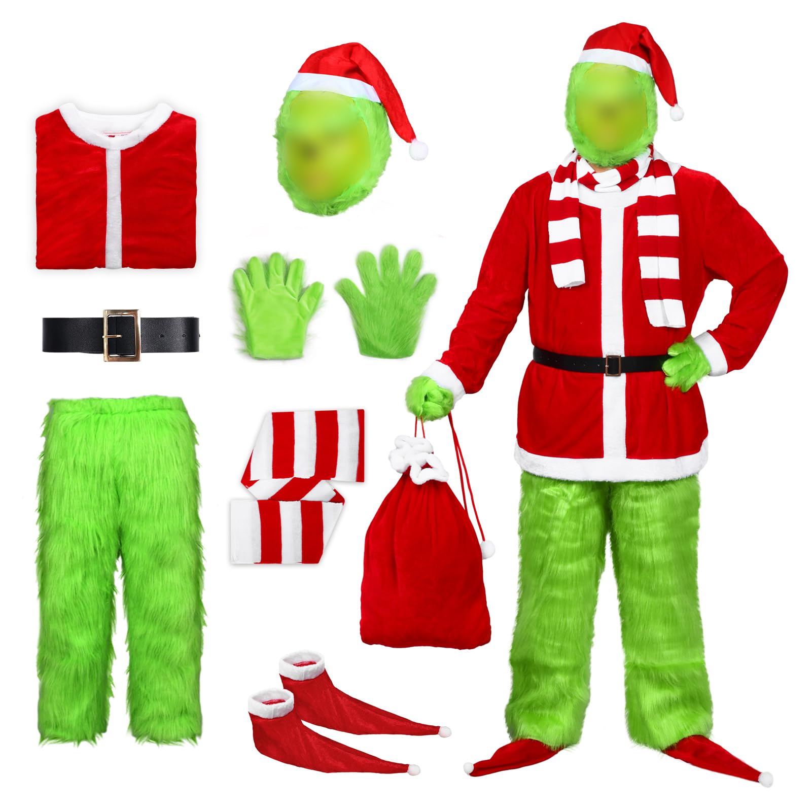 Men's Christmas Green Big Monster Costume - 7PCS Deluxe Furry Santa Claus Costume Suit with Mask