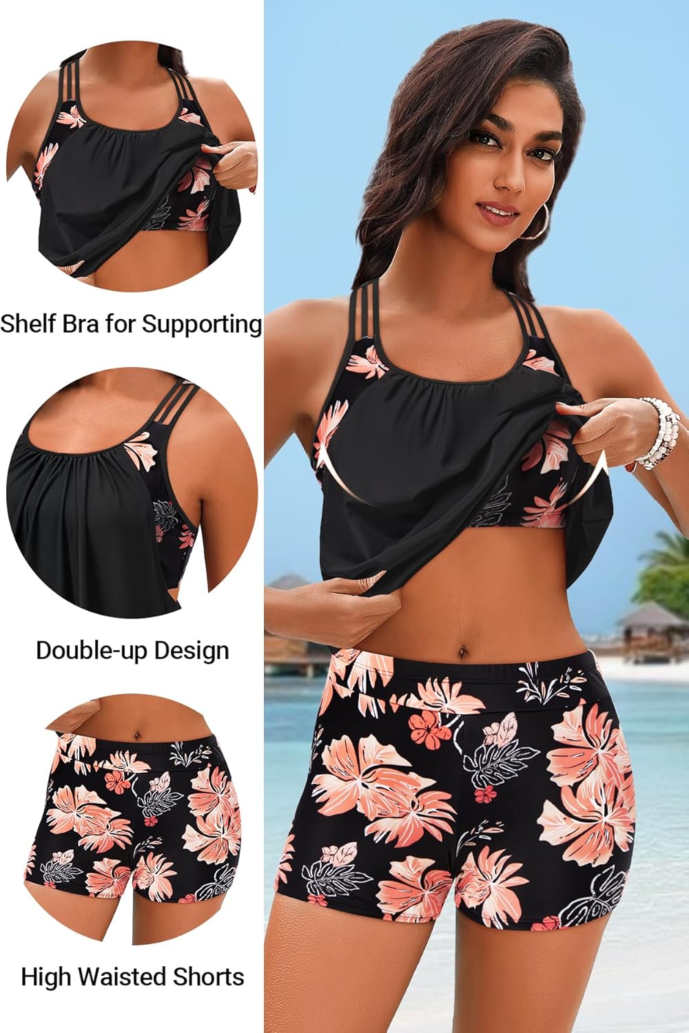 Holipick Plus Size Tankini Swimsuit for Women Two Piece Tummy Control Bathing Suit Blouson Racerback Tankini Top with Shorts - Image 5