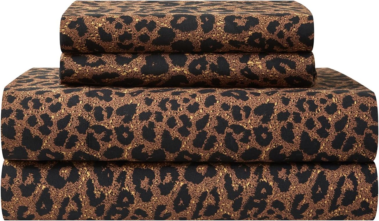 mixinni Leopard Print Sheet Set King Size - 4 Piece Bedding Sheets, Soft & Durable Bed Sheets with 1 Fitted Sheet, 1 Flat Sheet & 2 Pillowcases, Brown/Black Animal Print Sheets for Bedroom Decor