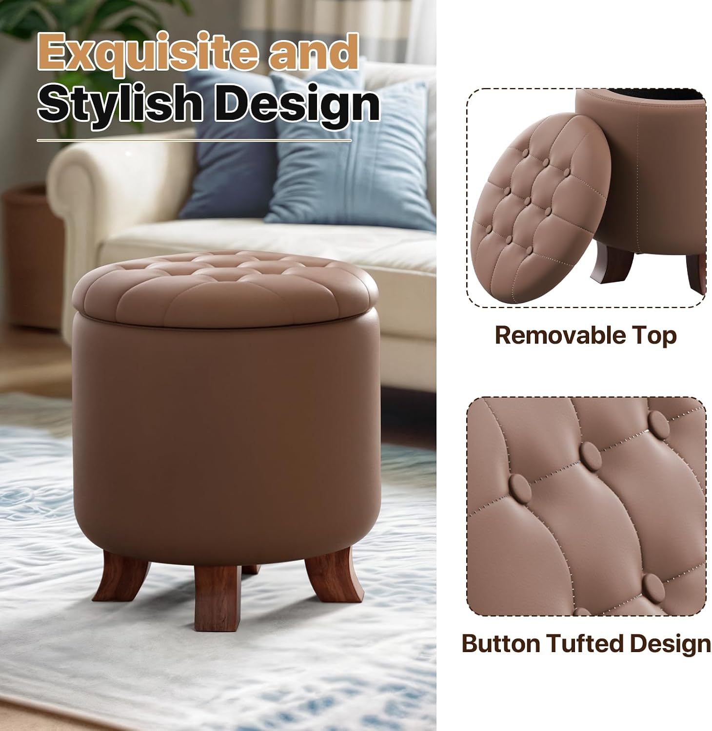 Magshion Round Ottoman with Storage, 15.5 Dia. x 17 H Inches PU Leather Footstool with Legs, Small Foot Rest Ottoman for Bedroom, Living Room, Decorative Home Furniture, Brown