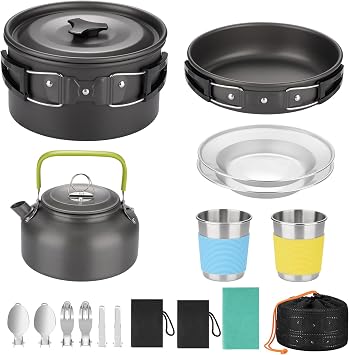 17pcs Camping Cookware Kit, Nonstick Pots Pans and Kettle Set