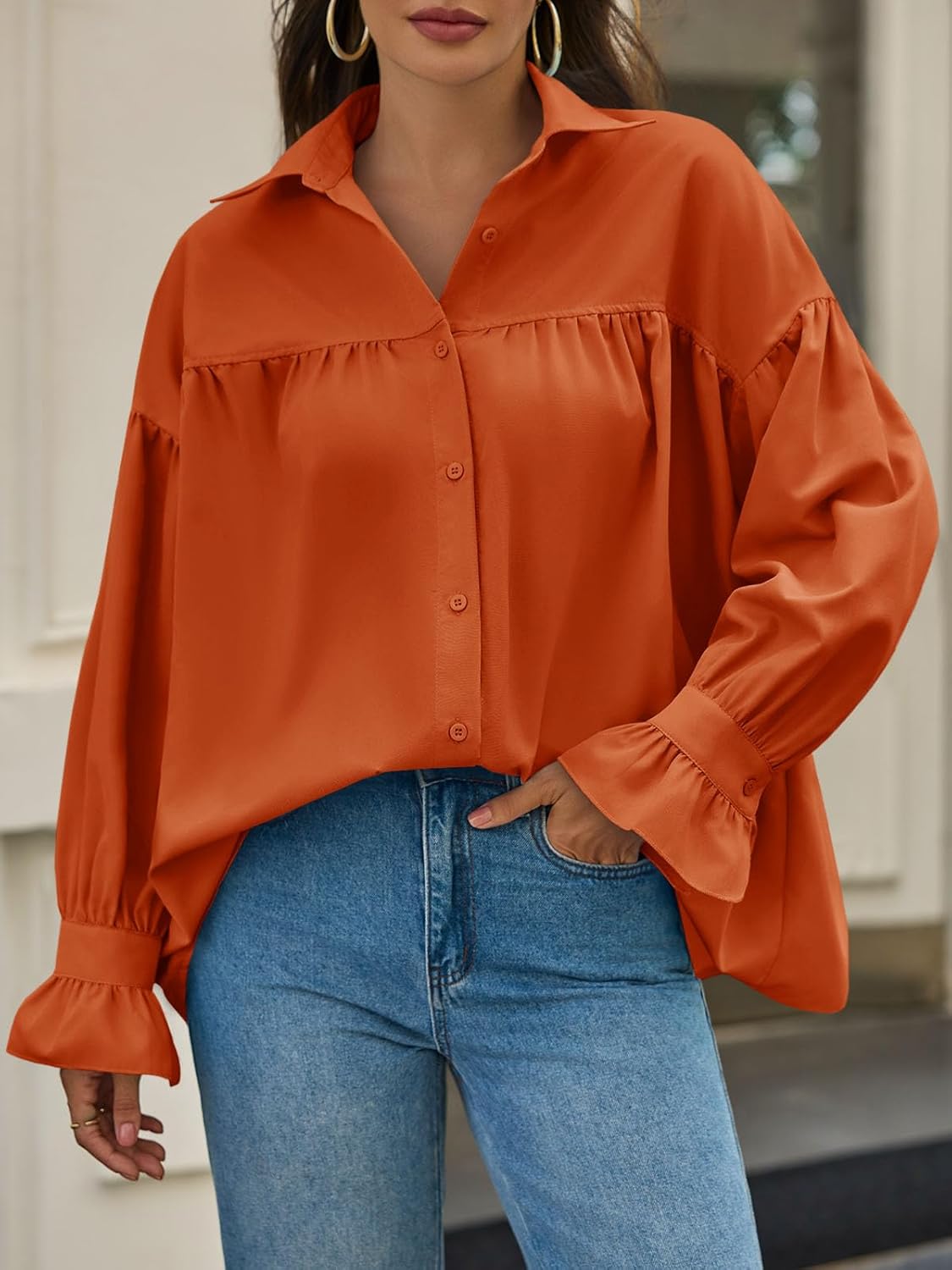 Cicy Bell Womens Oversized Button Down Shirts Long Ruffle Sleeve Pleated Babydoll Blouses Trendy Casual Tops - Image 5