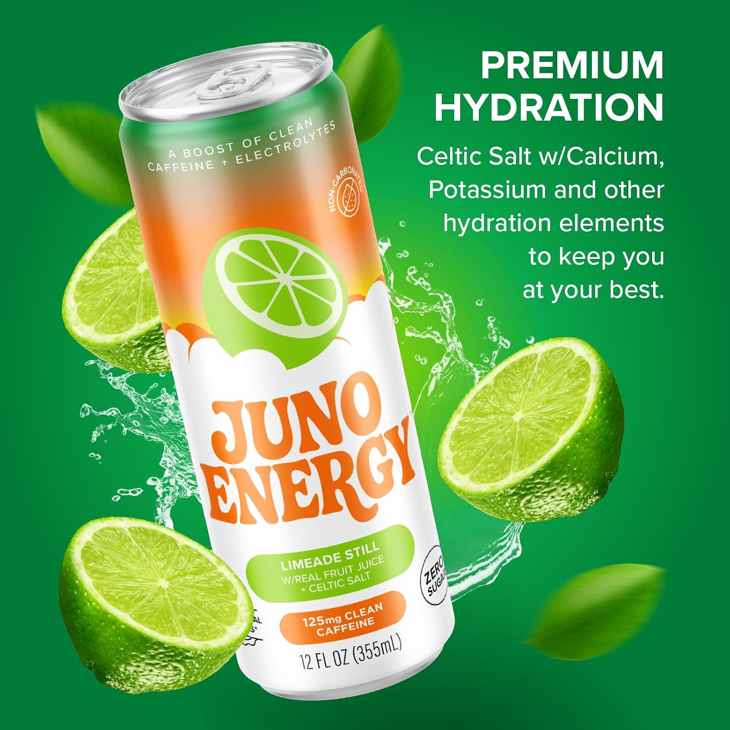 JUNO ENERGY Limeade Still Energy Drink - Sugar Free, 125mg Organic Caffeine from Green Coffee Beans, Hydrating with Stevia, Organic Lime Juice - Vegan, Gluten Free, 12 Pack