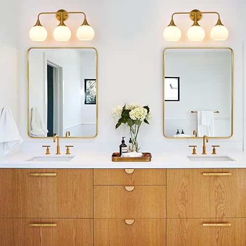Miniatura 5 de Modernas luces doradas para tocador de baño, lámparas de baño de 3 luces sobre espejo con pantalla de vidrio blanco leche, aplique de pared moderno,