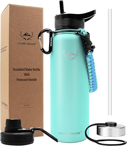 NATURE PIONEOR Botellas de agua aisladas con mango de paracord - Botella de agua deportiva al vacío de 40 onzas de boca ancha con 3 tapas, acero