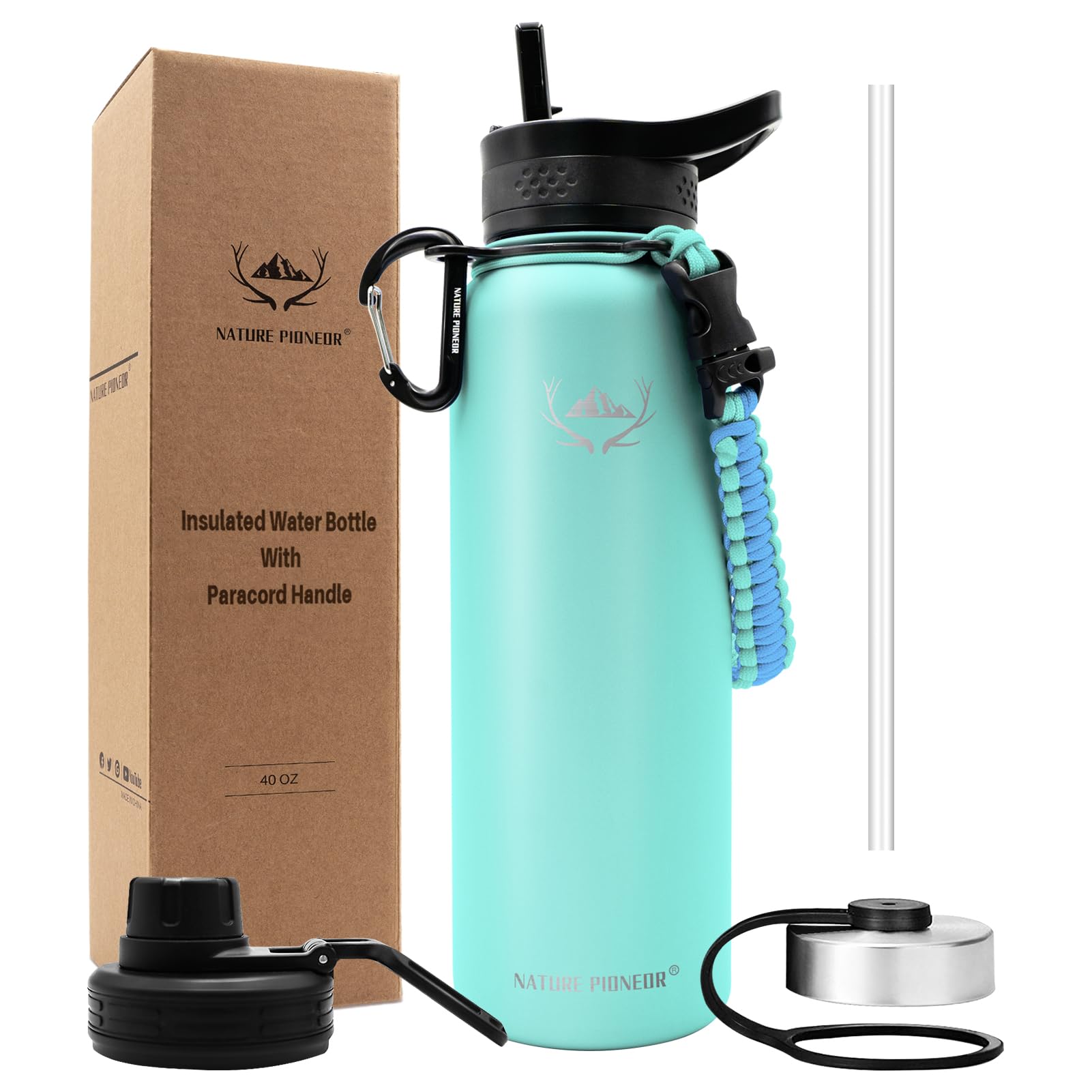 NATURE PIONEOR Insulated Water Bottles with Paracord Handle - 40 oz Vacuum Sports Wide Mouth Water Bottle with 3 Lids, Leak Proof Stainless Steel