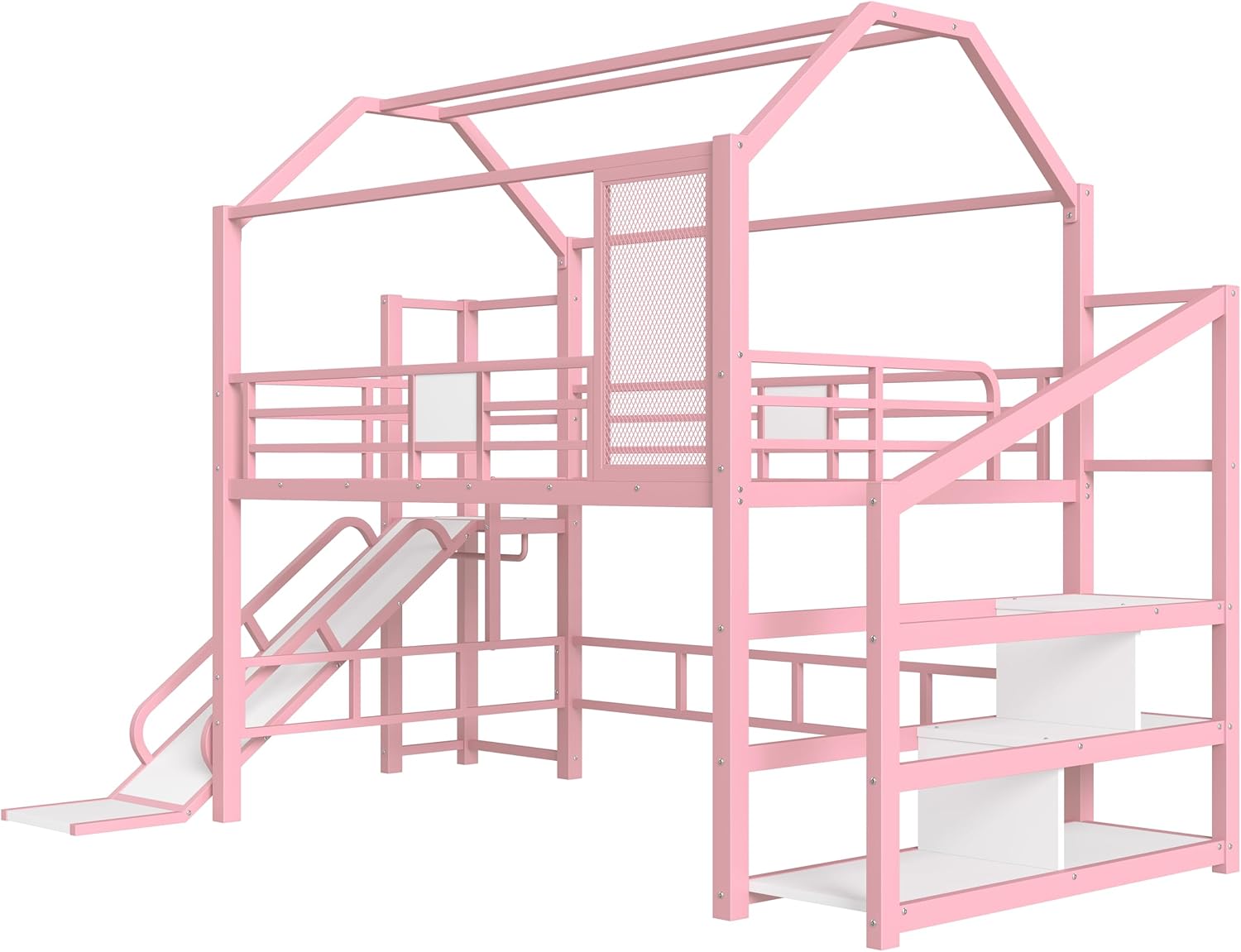 LUMISOL Full Size Metal House Loft Bed with Slide and Stairs,Heavy Duty Playhouse Loft Bed Frame with Storage Shelves for Kids, Pink
