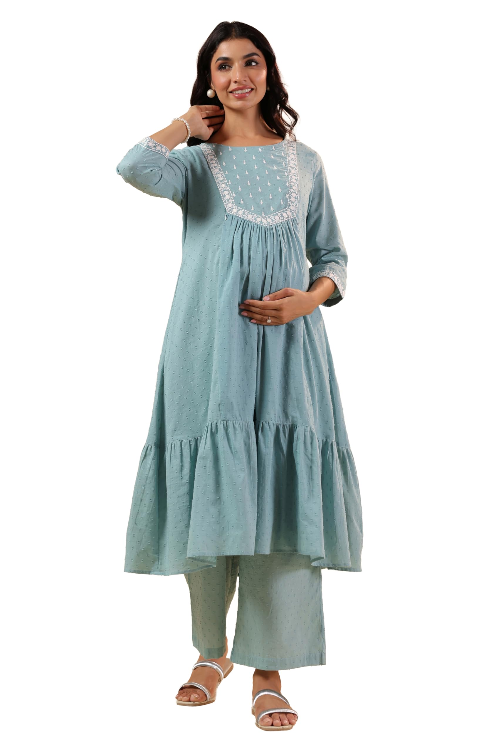 Women's Light Blue Dobby Pure Cotton Yoke Embroidered A-line Maternity Kurta Pant Set-image-44