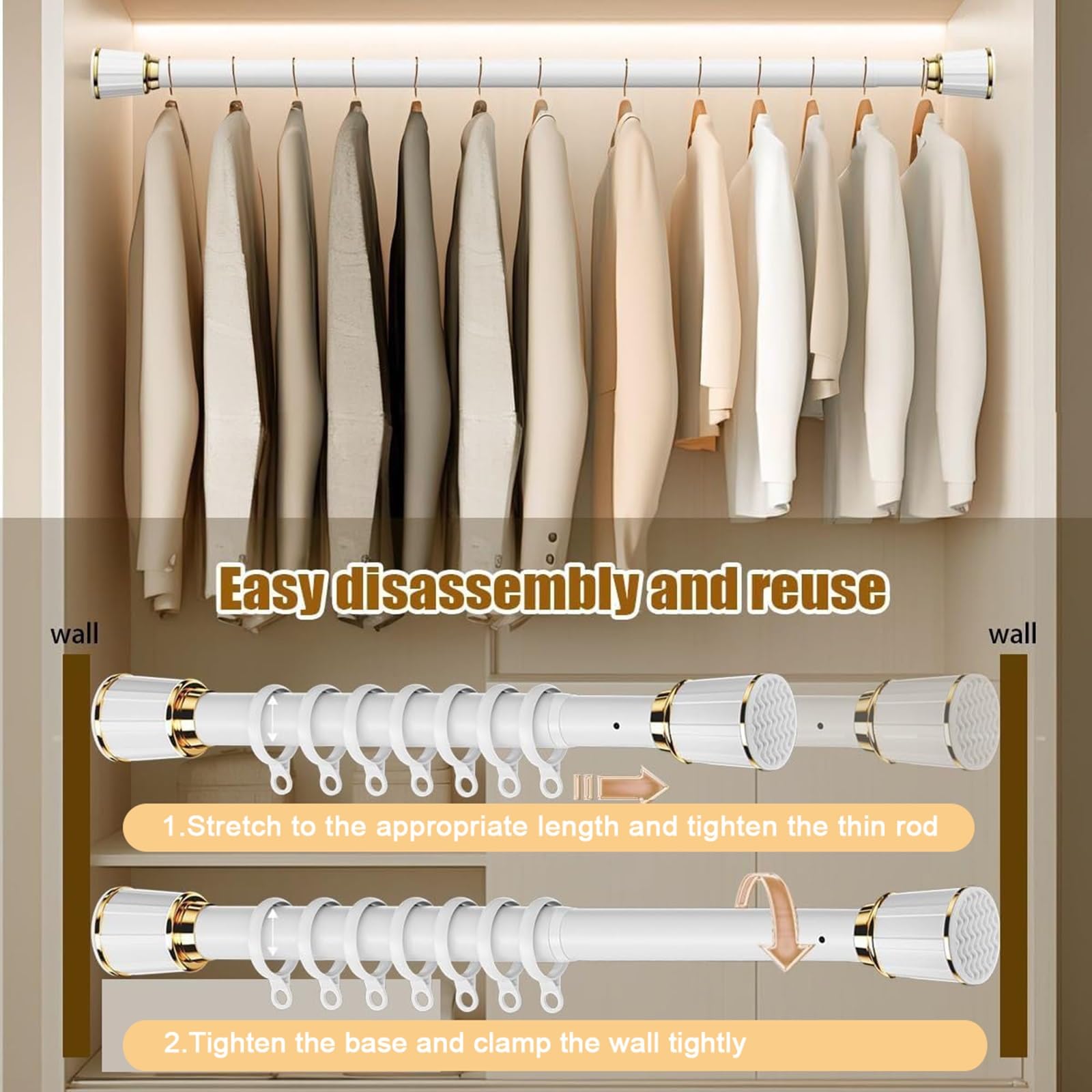 Gardinenstange mit verstellbarer Spannung, 40–500 cm, ohne Bohren, ausziehbar für Badezimmer, Schrank, Küche, Balkon, Tür, 33 mm Durchmesser (Lila, 50–70 cm)