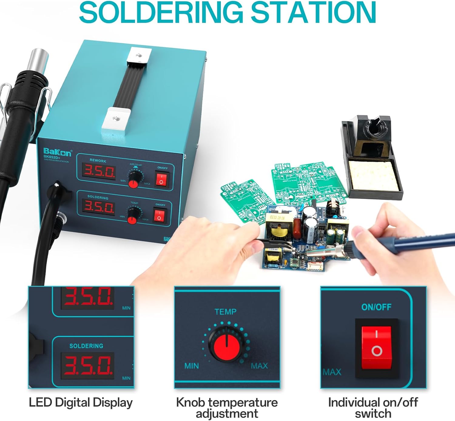 Close-up of the soldering station controls, showing LED display, temperature knob, and on/off switch.