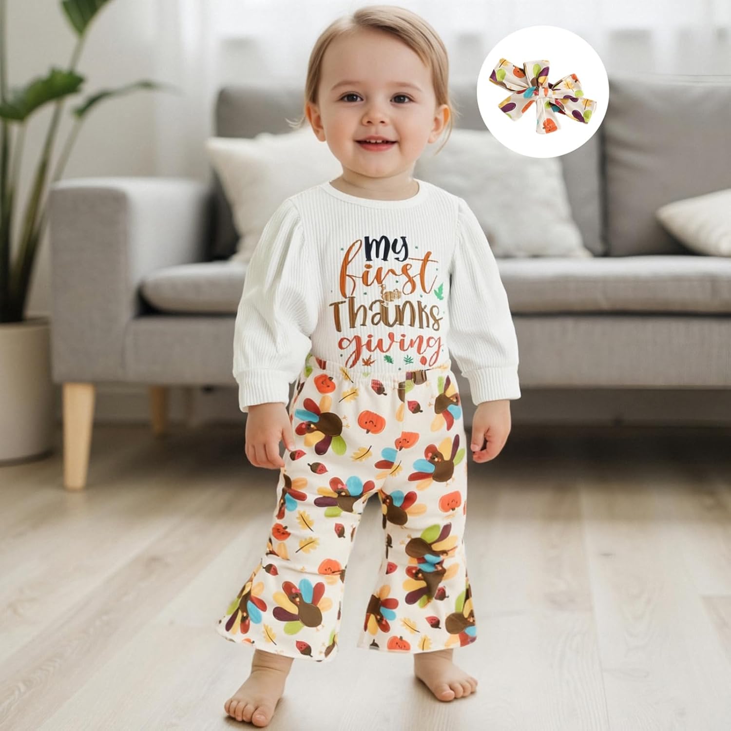 My First Thanksgiving Baby Girl Outfit Turkey Letter Print Romper Flare Pants Headband Newborn 1st Thanksgiving Clothes Set - Image 2