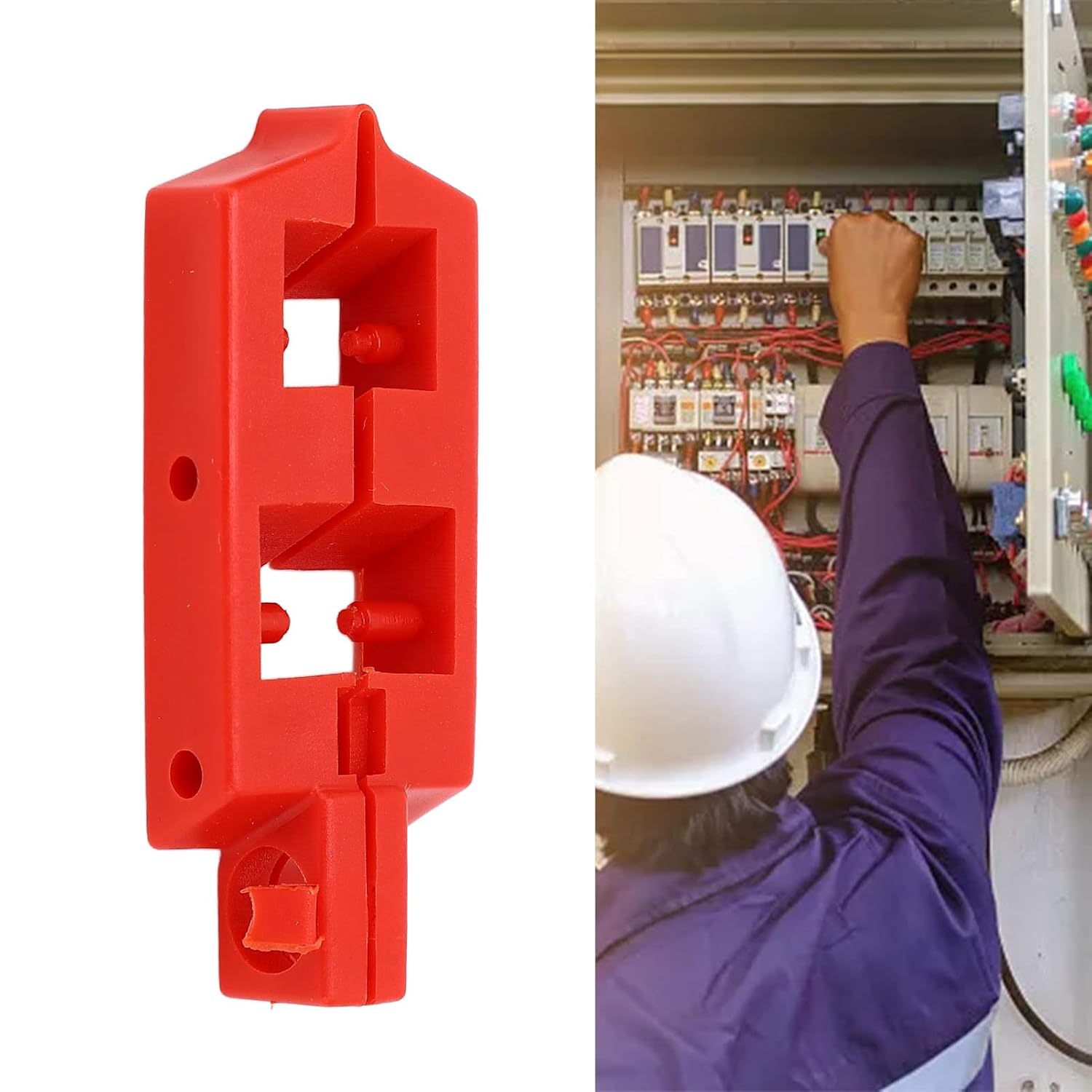A red circuit breaker lockout device positioned next to a worker at an electrical panel, illustrating its use in a real-world scenario.