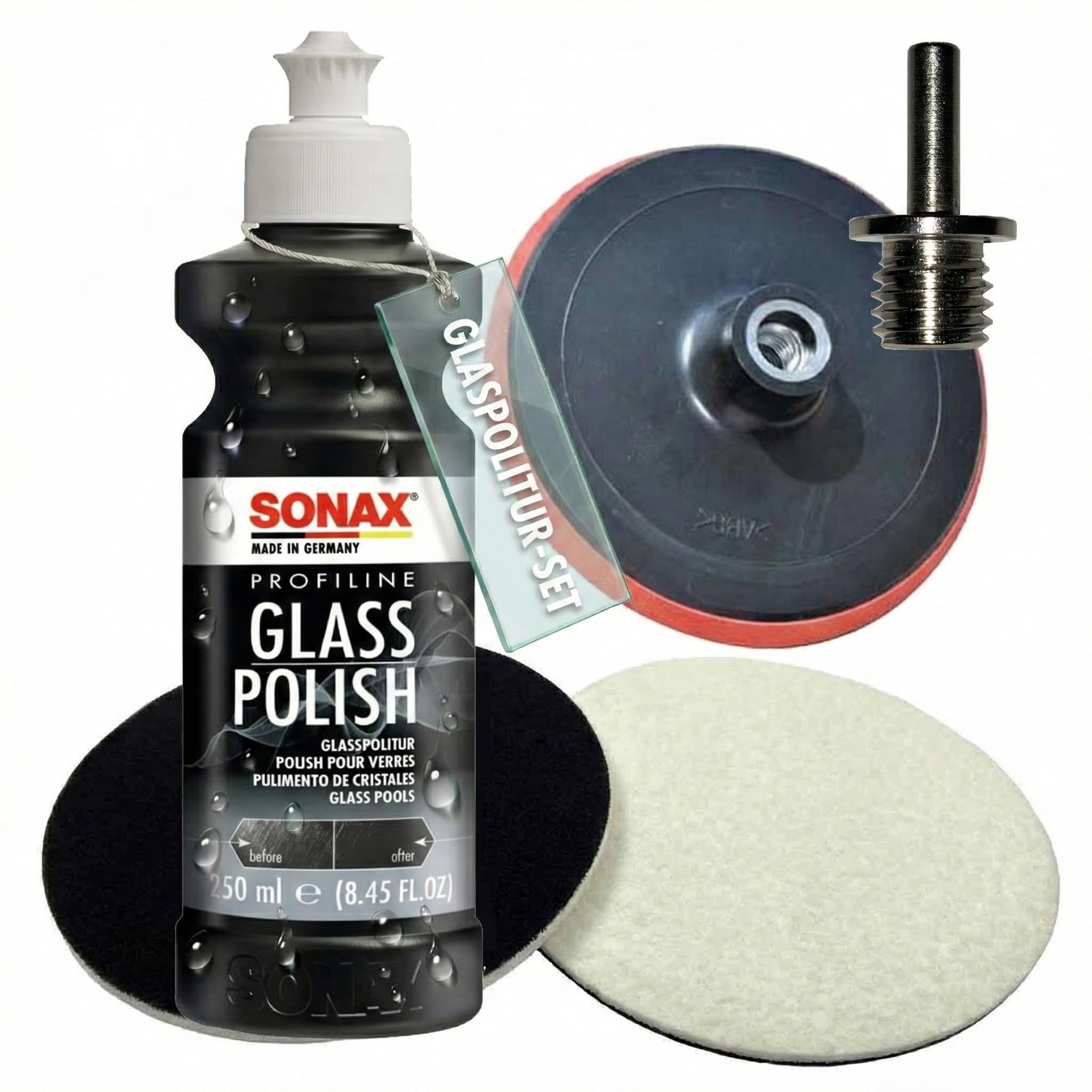 Glaspoliturset bestehend aus einer SONAX 250ml Glass Polish + 2 Stück Flexipads Ø135mm Glas-Polierpads + Craft-Equip Ø125mm Stützteller + Adapter 6mm auf M14