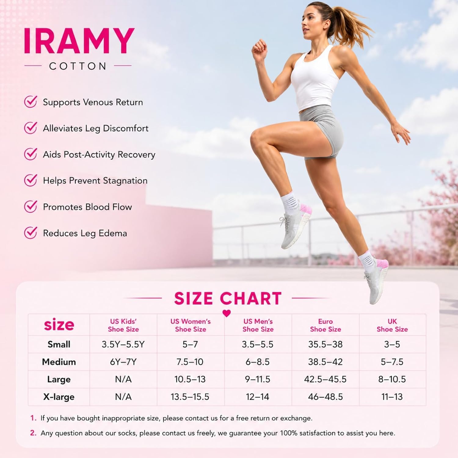 IRAMY Women Cotton Compression Ankle Support Socks Breathable Cushion Athletic Running Socks For Swelling Fatigue Circulation