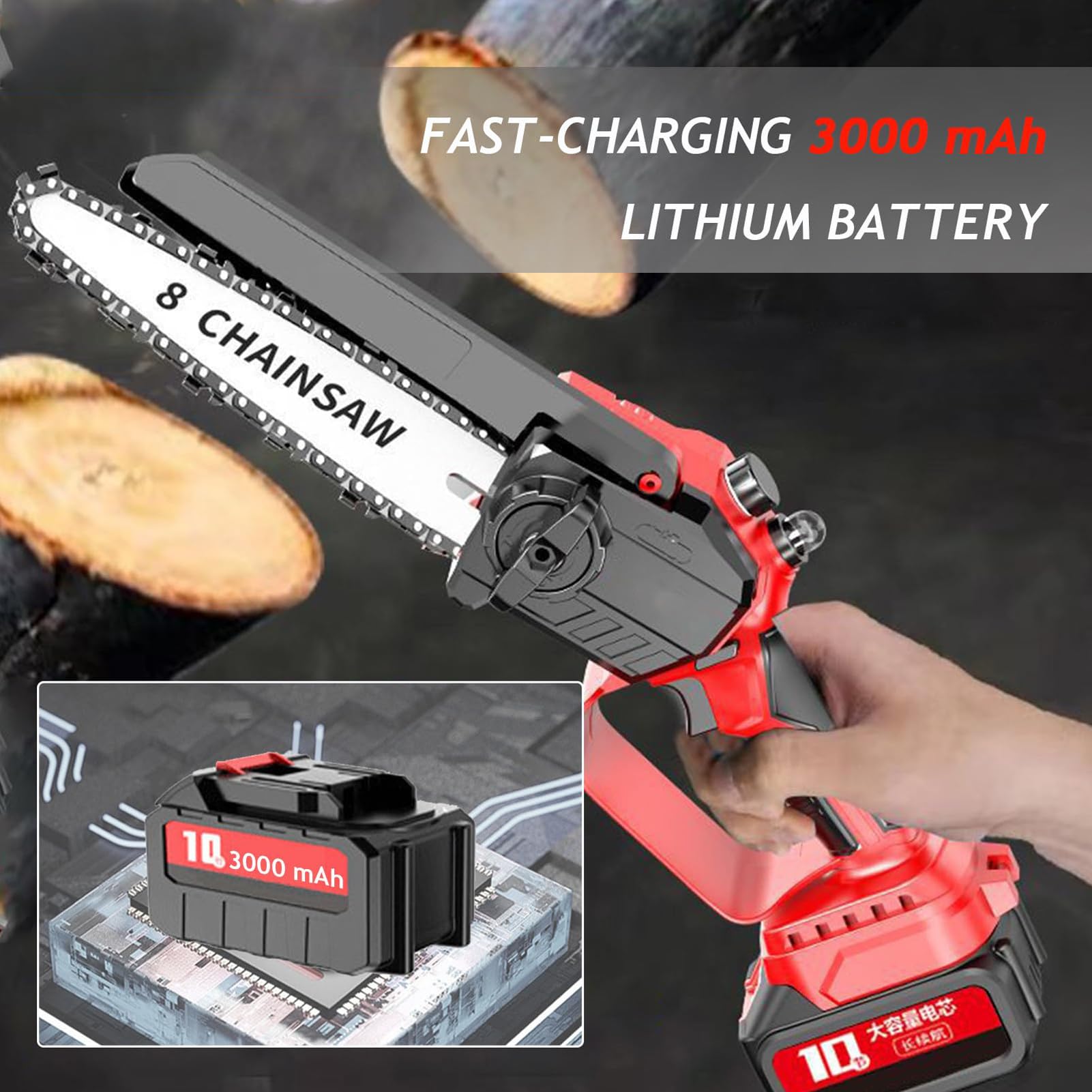 Motosierra inalámbrica, sierra eléctrica de mano de 8 pulgadas con 2 baterías y cargador, motosierra portátil sin escobillas para uso en exteriores