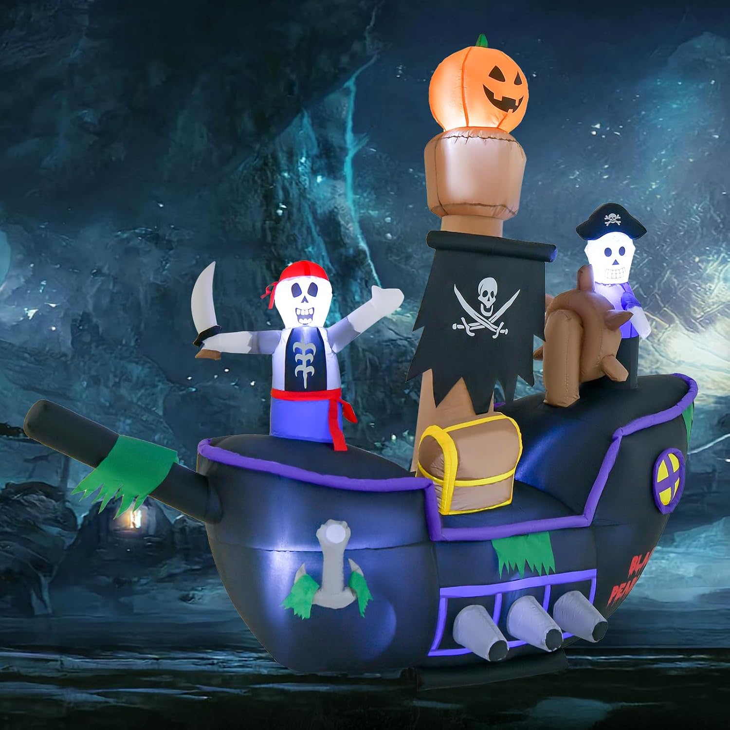 Tangkula 7 FT Halloween Inflatable Skeletons Ghosts On Pirate Ship, Blow-up Skeleton Pirate Decoration with Bright LED Lights, Outdoor Holiday Decoration with Waterproof Blower, for Yard, Lawn