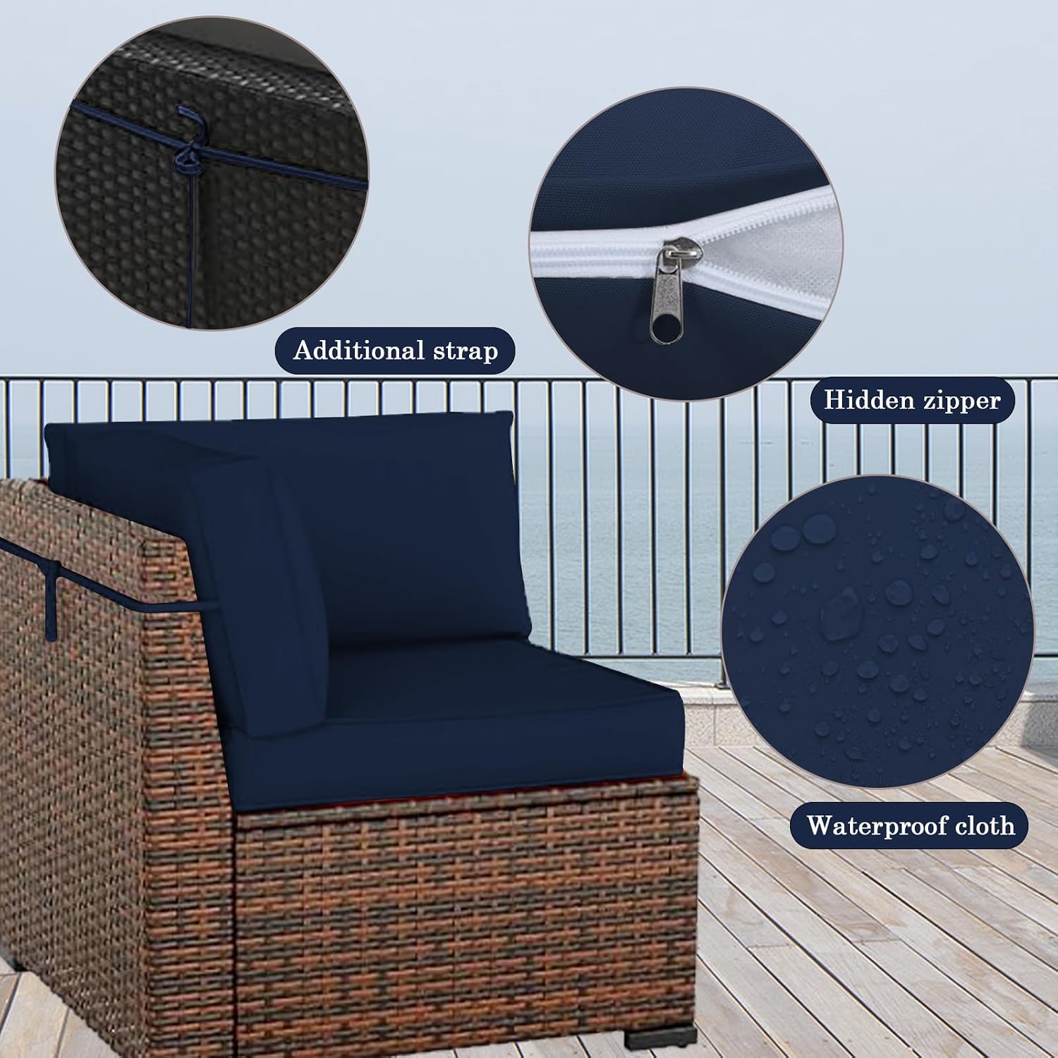 Outdoor Furniture Replacement Cushions, 14 Pcs Water-Resistant Replacement Sofa Cushion for Patio Garden Porch (Liner&Cover,Only Cushions No Sofa) (Navy Blue)
