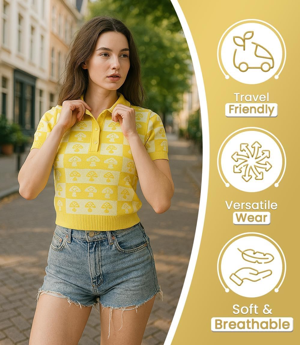 Womens Short Sleeve Sweater in Yellow with Medium Size | Short Sleeve Sweater for Women in Checkerboard Pattern | Womens Knit Tops Sweater Polo Women with Front Button Placket - Image 9