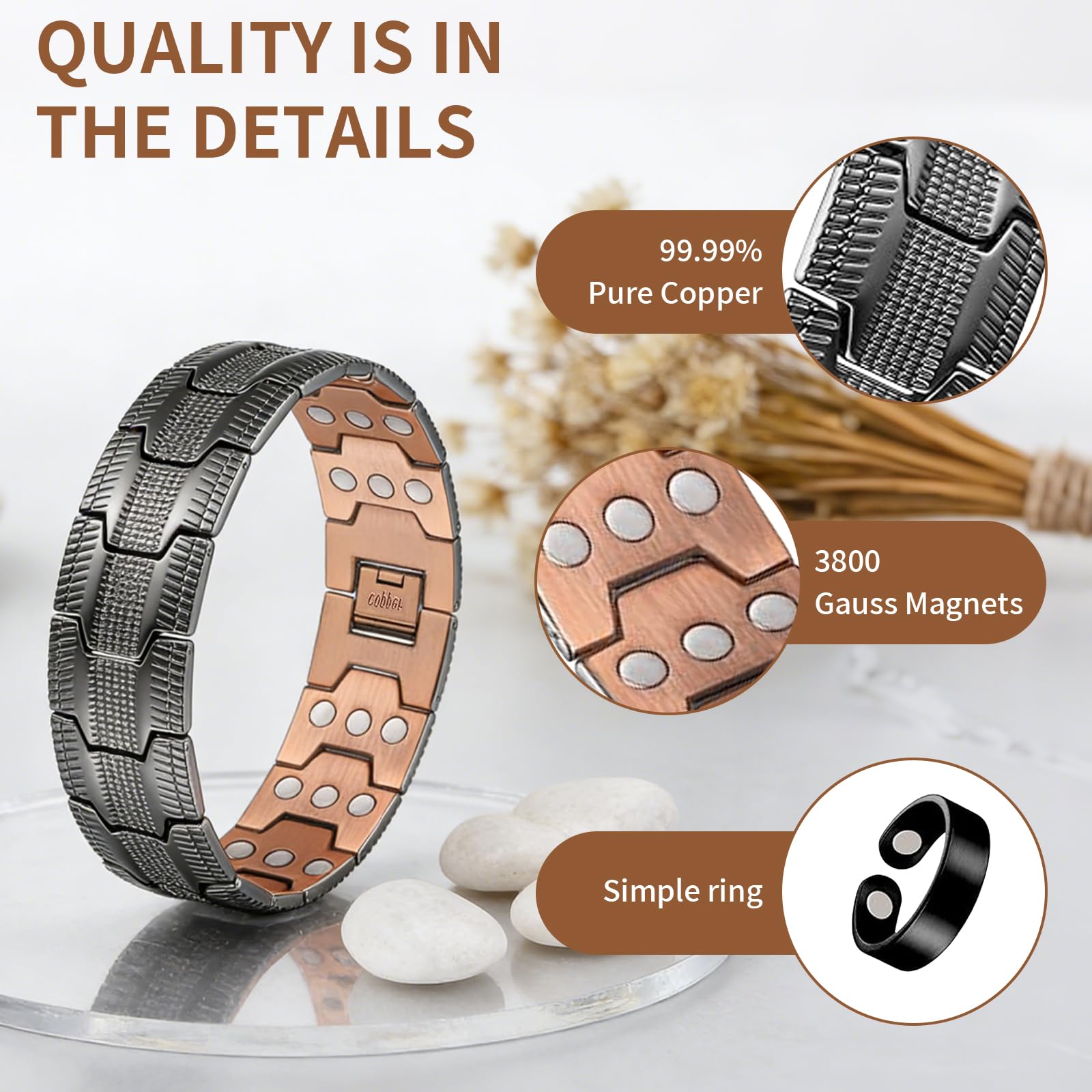 Pulsera de cobre para hombres, pulsera de hombres con 3X fuerza magnética ajustable de 3500 Gauss — view 3