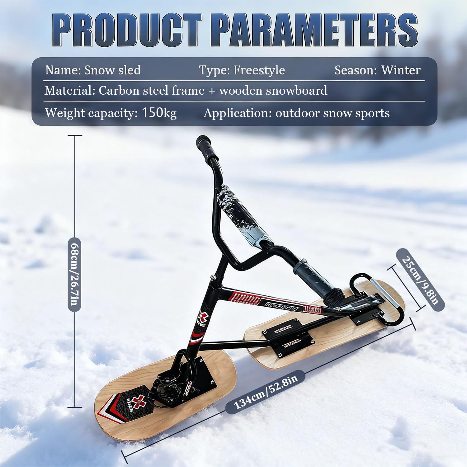 Snowboard per Adulti, Motoslitta Da Esterno, Con Sci a Rotazione Posteriore a 360°, Design a Triplo Rinforzo, Doppia Tavola, Capacità Di Carico Di 150 Kg, Per Sport All'aperto E Snowpark WoodColor