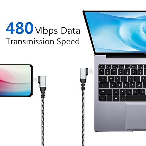 Miniatura 5 de Maixbomr Cable USB C a USB C de 90 grados de 9.8 ft9 pies, ángulo recto de 60 W PD tipo C, cable trenzado de nailon de carga rápida y transmisión de