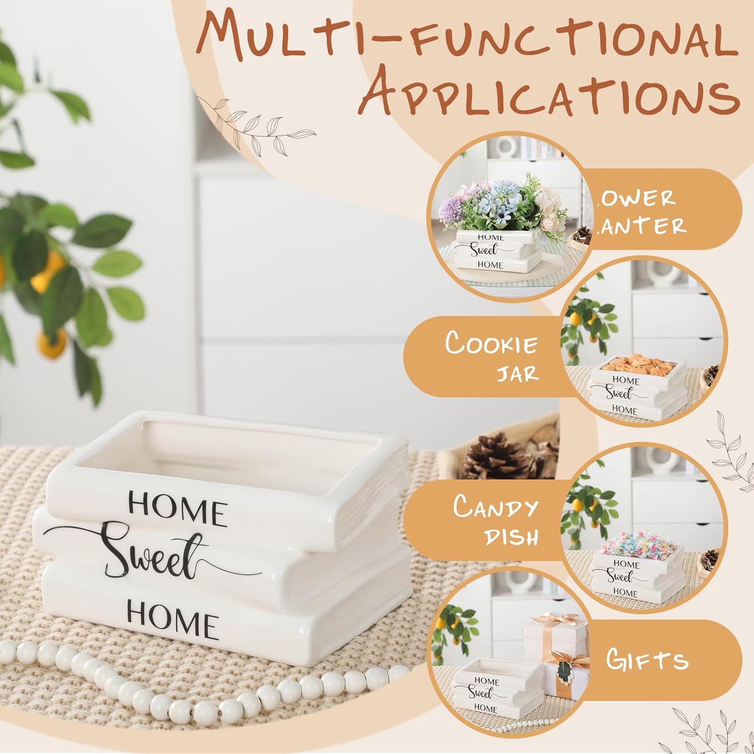 Ceramic Book Planter Pot Small Book Shaped Decorative Planter Rustic Farmhouse White Flowers Vase for Books Lovers Home Decor Bookshelf Living Room Aesthetic Decor Housewarming Gift