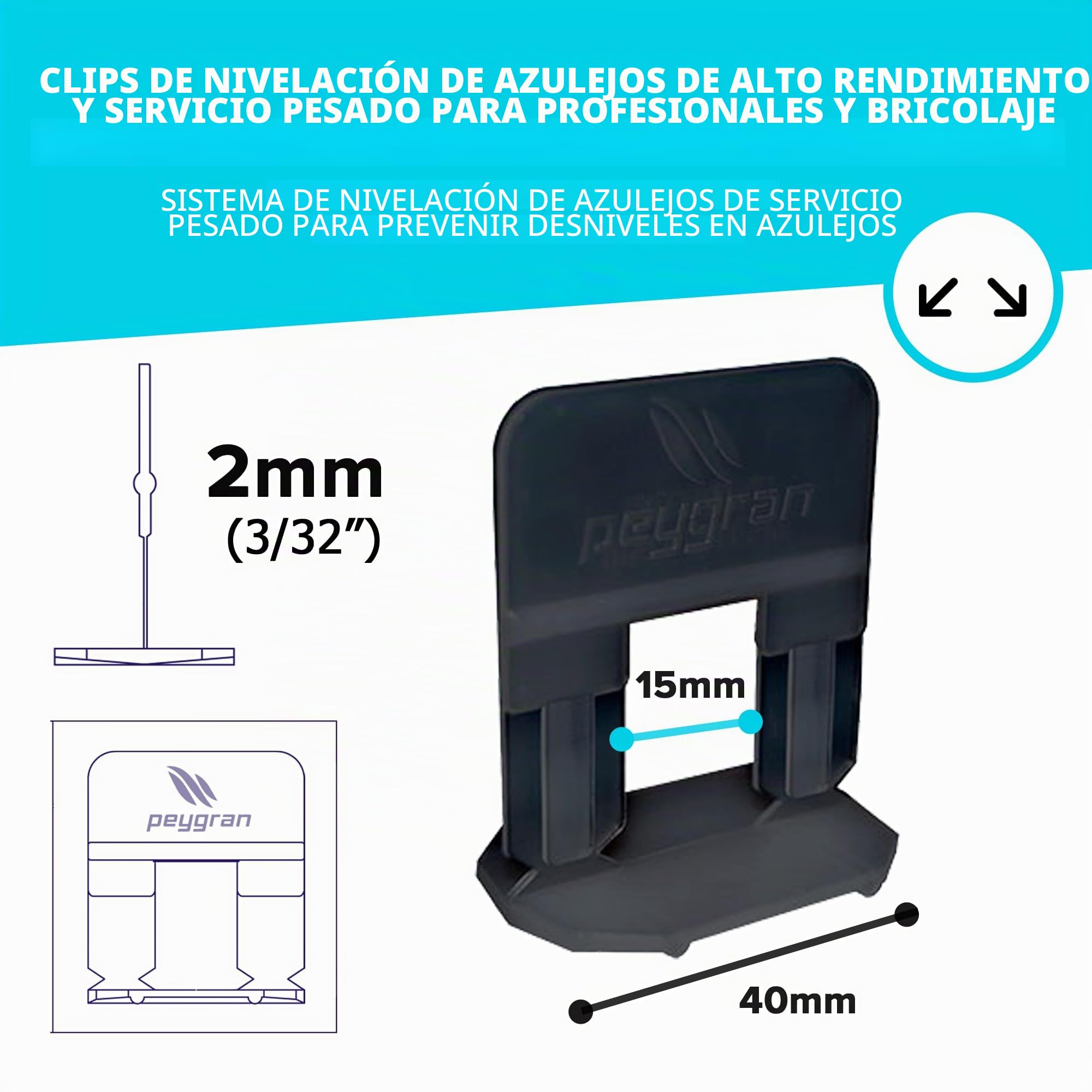 Peygran Sistema de Nivelación de Azulejos 1/16 (2 mm) 500 Clips. Instalación de Baldosas y Piedra sin Imperfecciones