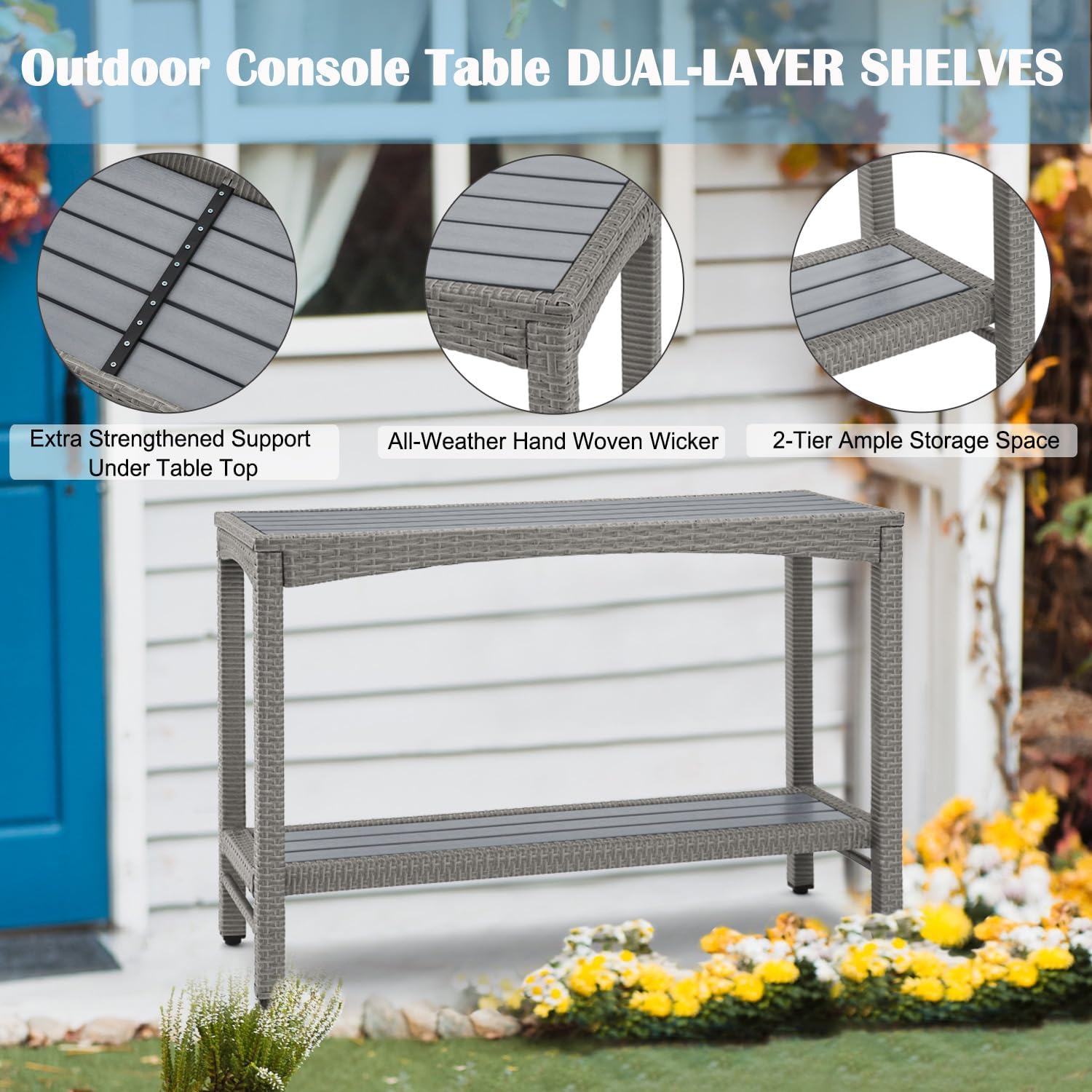 Outdoor Console Table Patio Buffet Bar Storage Organizer 45" Long Wicker Sofa Serving Sideboard Table 2-Shelf Outdoor Narrow Bar Table Tall Rectangle with Adjustable Feet for Entryway Grey