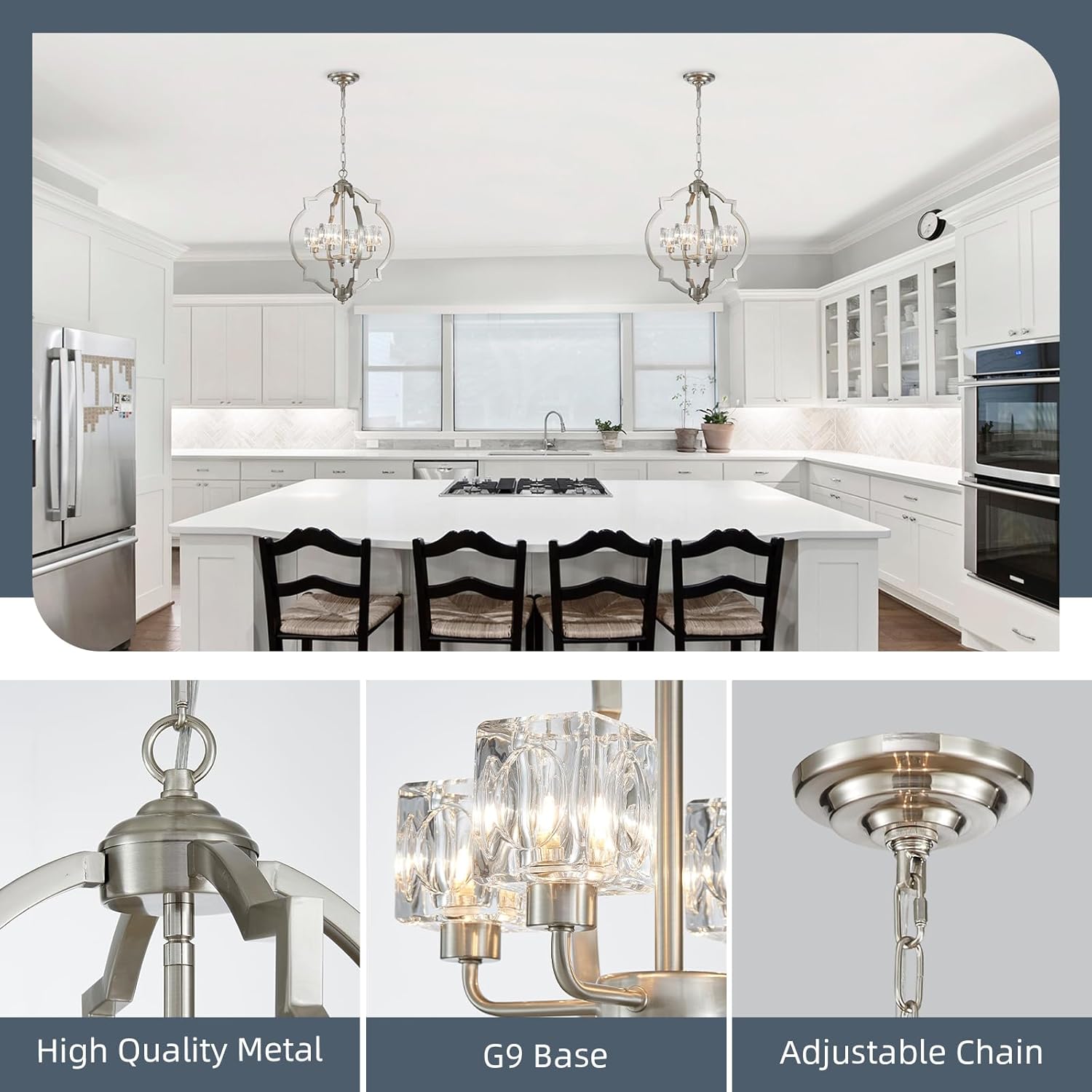 XINGQI 17.7“ Brushed Nickel Chandelier Modern 4-Light Farmhouse Pendant Lighting Fixtures Height Adjustable Hanging Lamp for Dining Room Bedroom Kitchen Island Home Office