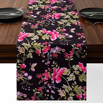 Decozen Table Runner - Japanese Print Floral Design Perfect for Winter Christmas Kitchen Dining Room Home Decor Console Table Farmhouse - Black