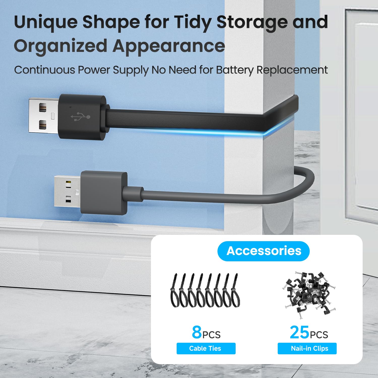 Flat USB A to USB C Extension Long Cable 10FT/3M with Fixing Nails and Ties 2Pack Charging Cord for Security Camera Tapo C120, Eufy S3 Pro, Wyze, Blink, Black image 2