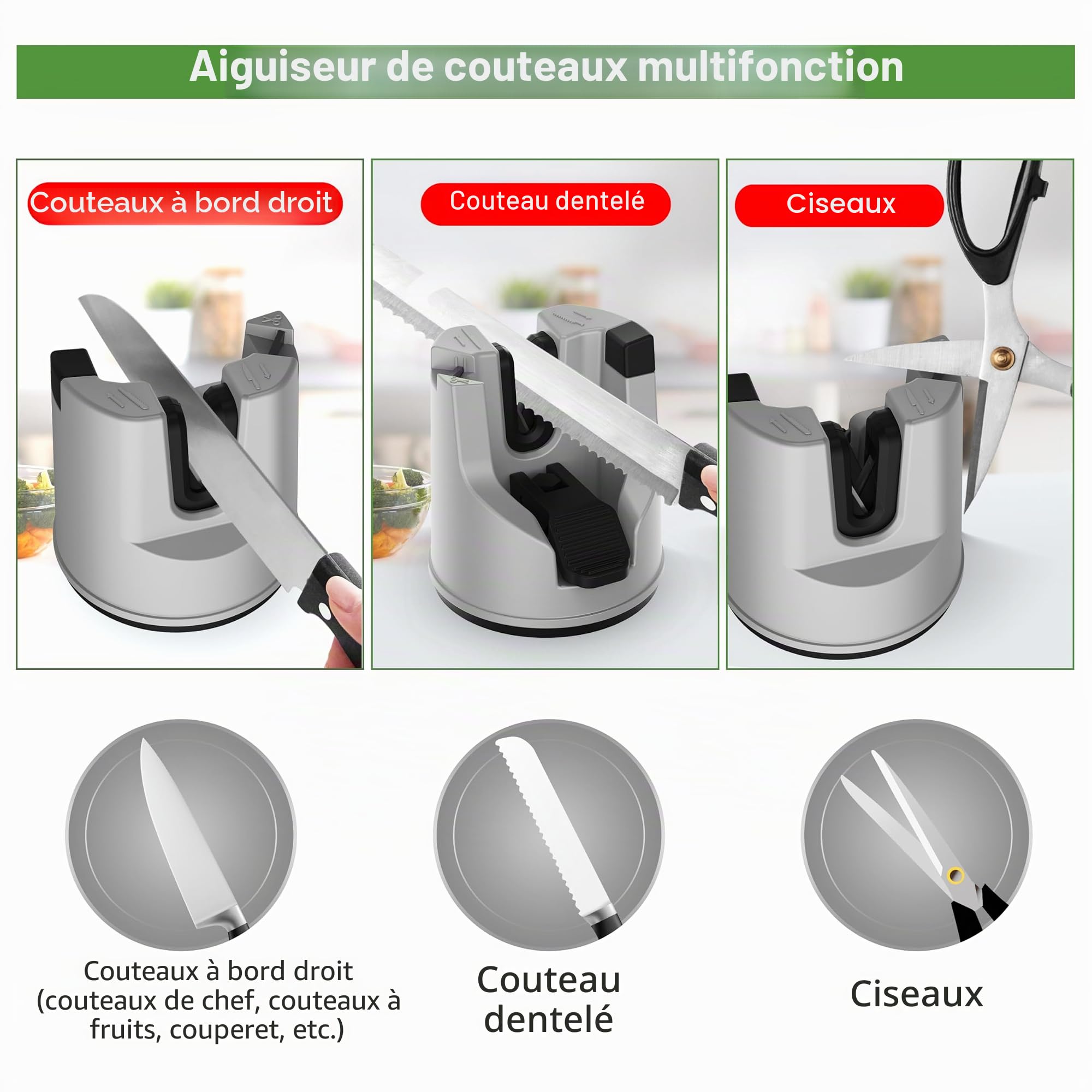 Aiguiseur de couteaux - YOORLEAY Aiguiseur de couteaux à réglage automatique de l'angle pour ciseaux, couteaux droits et dentelés, outil d'aiguisage de couteaux fixes multifonctionnel à ventouse