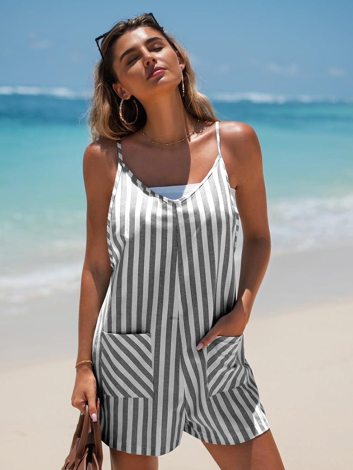EXLURA Womens Summer Cotton Casual Rompers Striped Loose Sleeveless Short Overalls Jumpsuit with Pockets Beach Travel Outfits image 4
