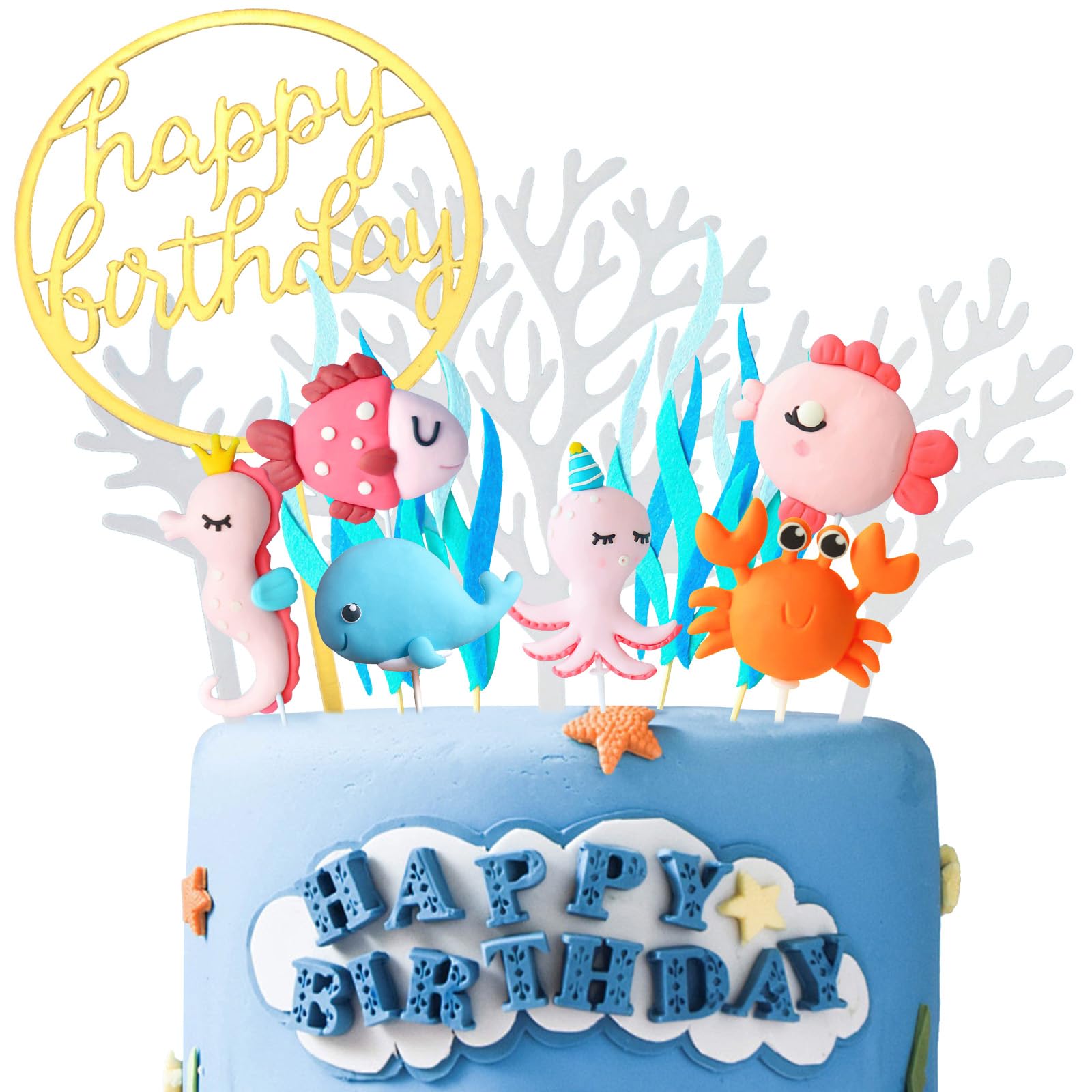 Embhlitfe 12 Pcs Sea Birthday Cake Topper,3D Sea Cake Toppers Ocean Theme Cake Decoration Toppers,Ocean Animal Cake Toppers for Adult Kids Birthday Party Supplies