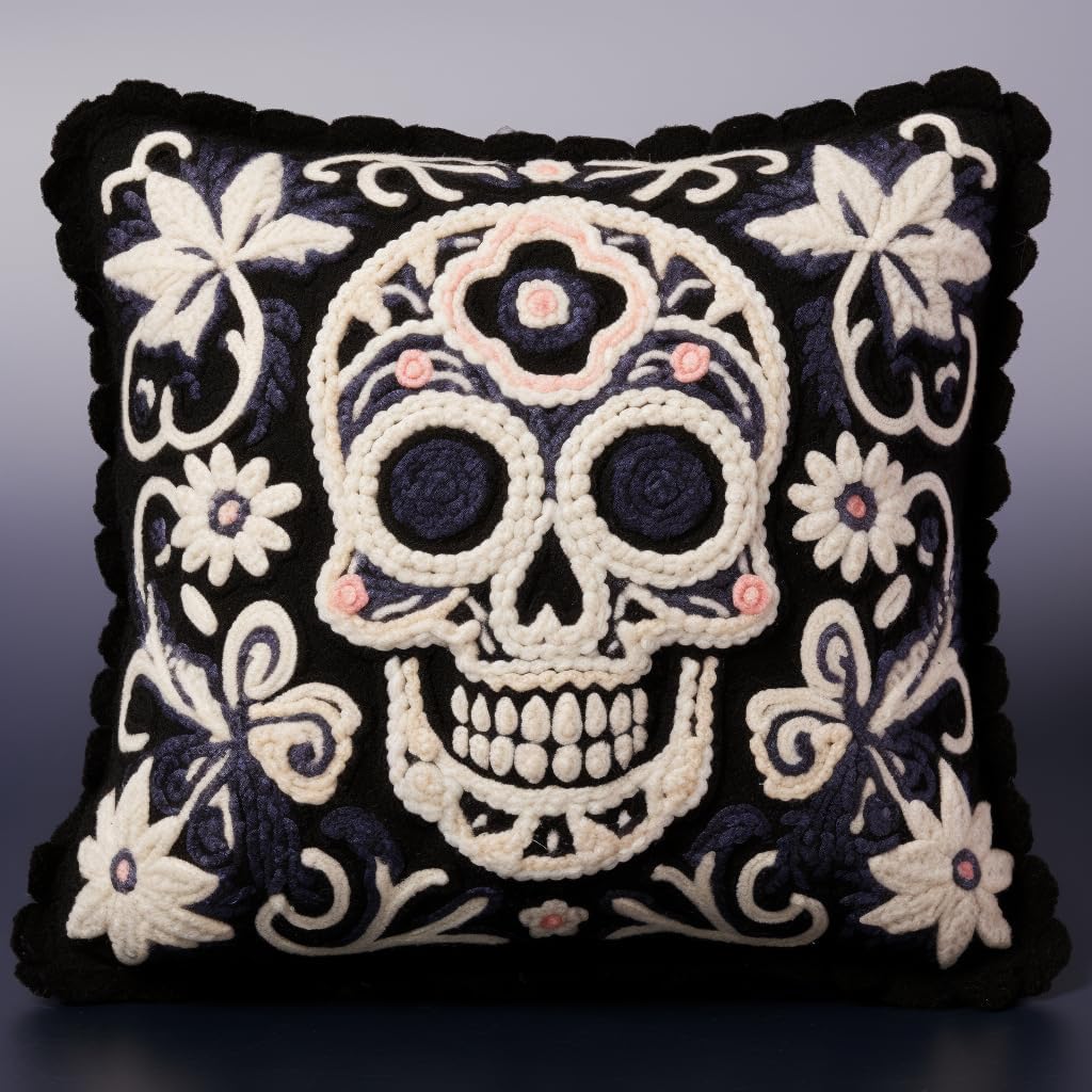 Black and White Skull Latch Hook Kits Pillow Cover Printed Canvas DIY Cushion Crochet Yarn Needlework Hook Latch Kit Embroidery Pillowcase Rug Home Sofa Christmas Decoration 43x43cm(1)
