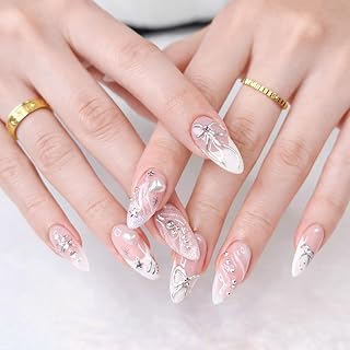 nails to paste, 24 pieces Press On Nails Short Almond - Full Cover Artificial Finger Nails, Pink, French with 3D loop, pearl heart and glitter, incl. glue set for casual, party, date