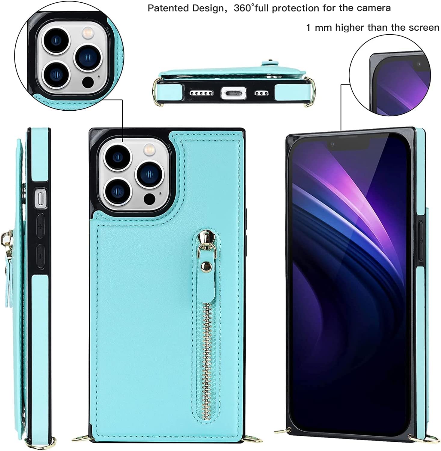 COOVS Crossbody Wallet Case for iPhone 14/14 Plus/14 Pro/14 Pro Max, Leather Zipper Flip Case with Card Slots Kickstand Detachable Lanyard Strap Magnetic Phone Cover (Color : Blue, Size : 14Pro)
