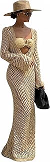Women's Crochet Swimsuit Cover ups Long Sleeve Knit Beach Dress Hollow Out Backless Vacation Outfits Sexy Beachwear